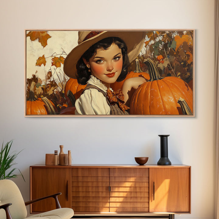 Cowgirl In A Pumpkin Patch, Framed Canvas Print, Retro Style Fall or Thanksgiving Wall Art, Farmhouse Decor, Christmas Wall Decor Gift
