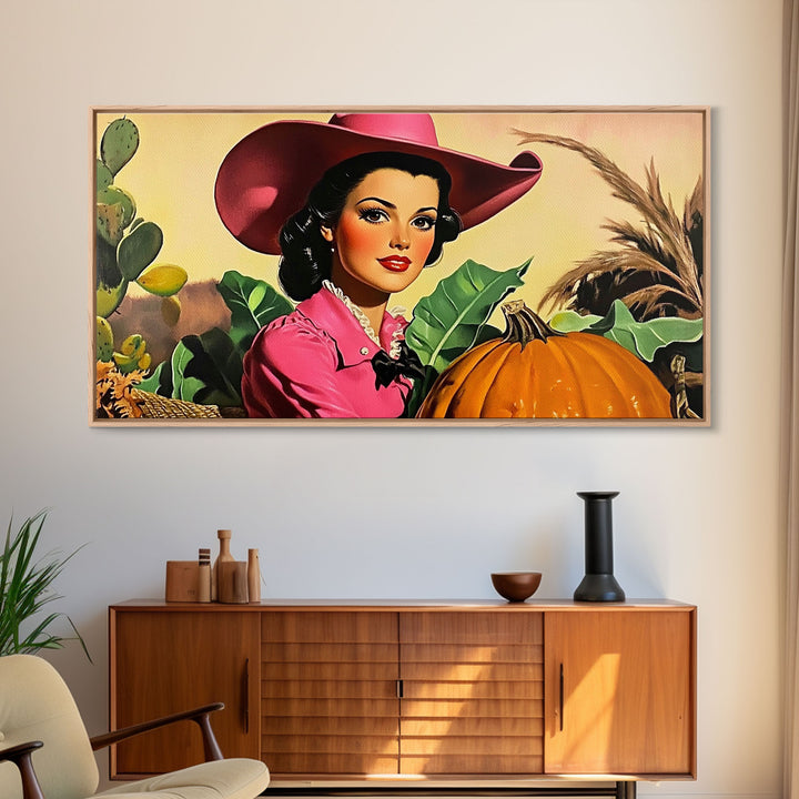 Retro Cowgirl In A Pumpkin Patch, Framed Canvas Print, Fall and Autumn Rustic Decor, perfect autumn or Christmas decor wall art