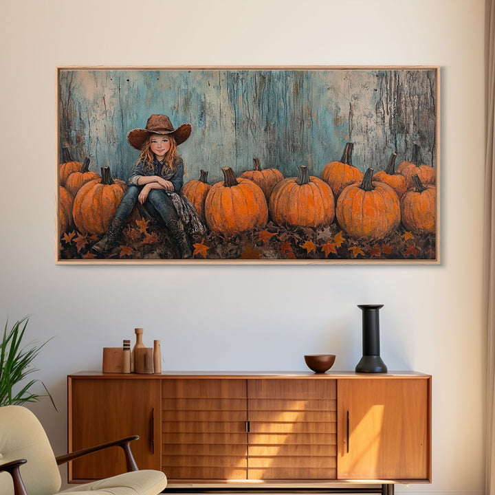 Cute Cowgirl In A Pumpkin Patch, Framed Canvas Print, Fall / Thanksgiving Decor, minimalist seasonal art for autumn or Christmas decor