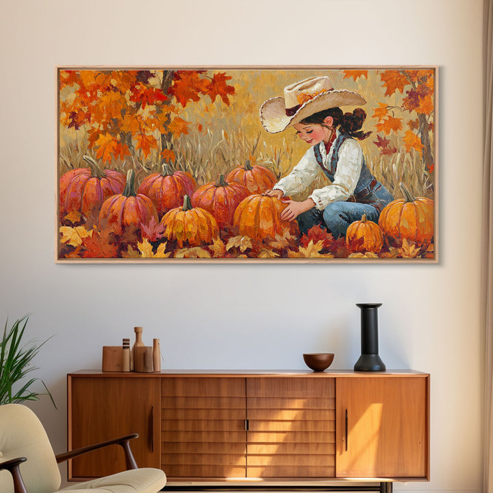 Framed Canvas Print colorful autumn landscape, vibrant fall foliage and misty morning setting, tranquil country home decor rustic wall art