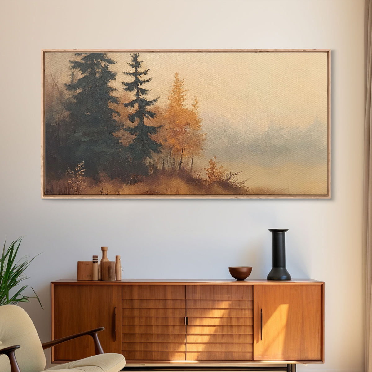Leaves In Autumn, Framed Canvas Print, Watercolor Landscape Painting, Fall Centerpiece Wall Art