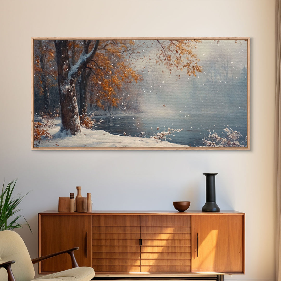 Autumn Lake Scene Framed Canvas Print with Fall Colors, Ideal Seasonal Wall Art or Gift Idea for Nature Lovers and Home Decor