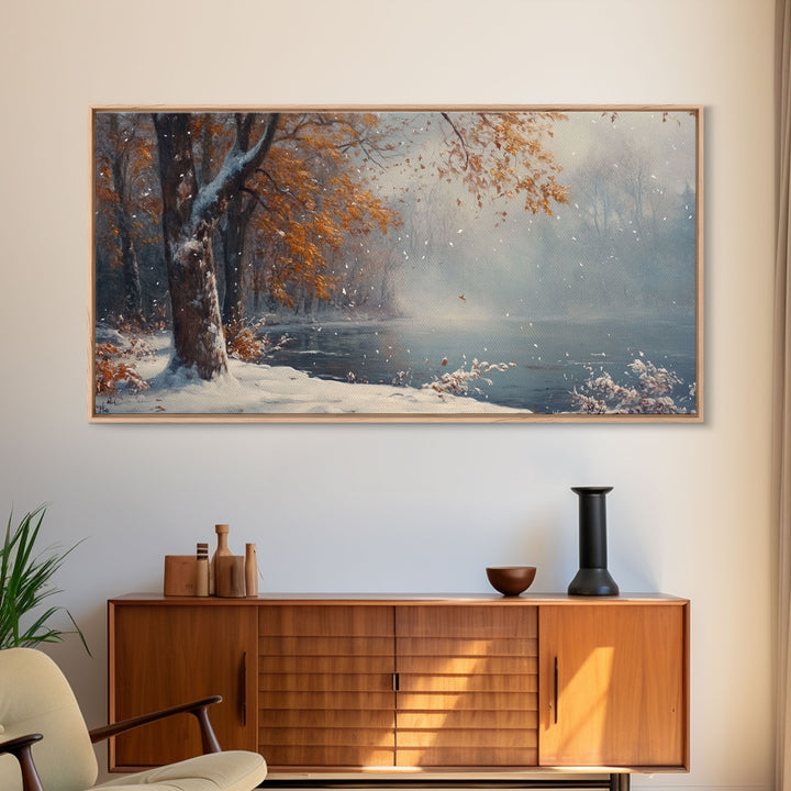 Autumn Lake Scene Framed Canvas Print with Fall Colors, Ideal Seasonal Wall Art or Gift Idea for Nature Lovers and Home Decor