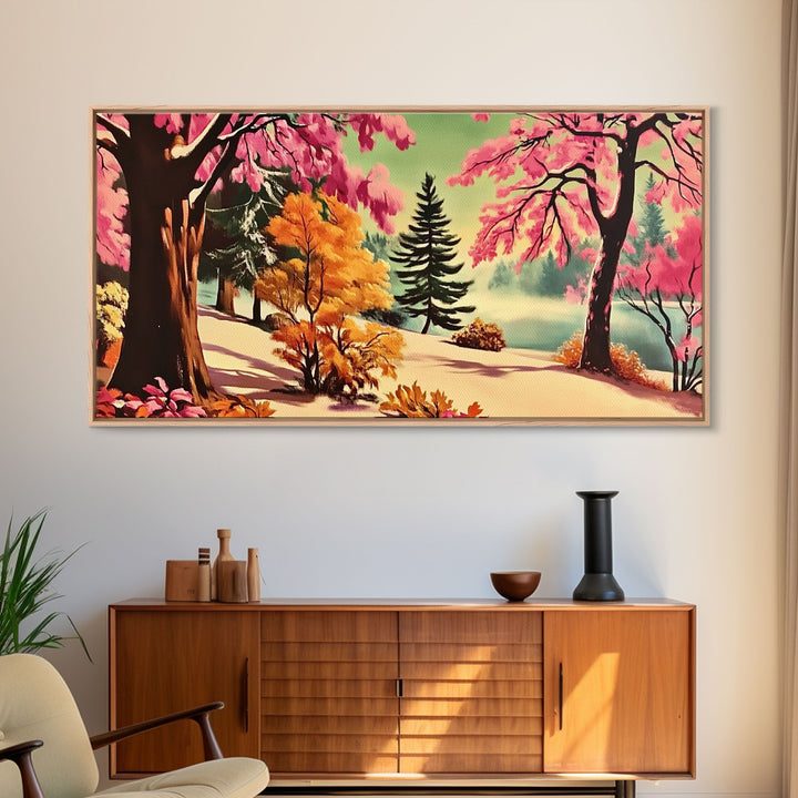 Colorful Path with Pink and Orange Trees Framed Canvas Print, Ideal Autumn Wall Art, Perfect Seasonal Decor Gift for Nature Lovers