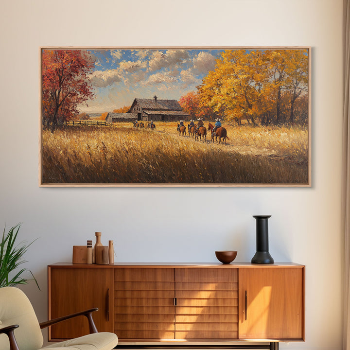 Horseback Riders In Autumn Near Barn, Rustic Fall Wall Art, Cozy Farmhouse Decor Framed Canvas Print, Harvest Time Country Art
