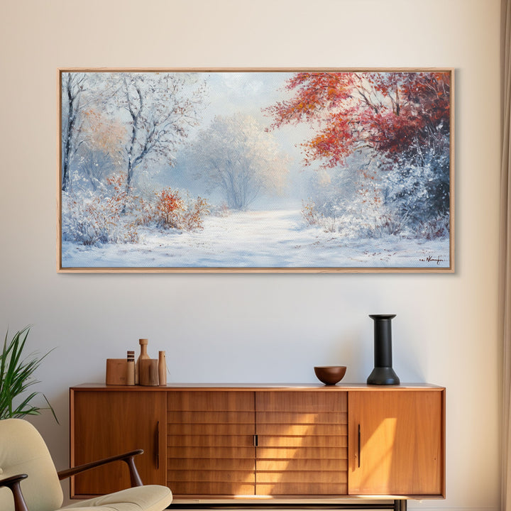 Cozy Cabin in the Snow Framed Canvas Print, Ideal Christmas Holiday Wall Art for Winter Wonderland Decor and Festive Home Interiors