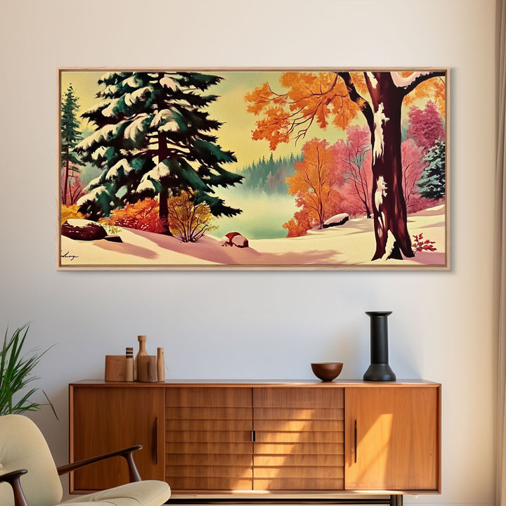 Retro 1950s Style Winter Landscape Painting, Framed Canvas Print, Perfect Holiday Wall Art for Vintage Christmas Decor and Festive Interiors