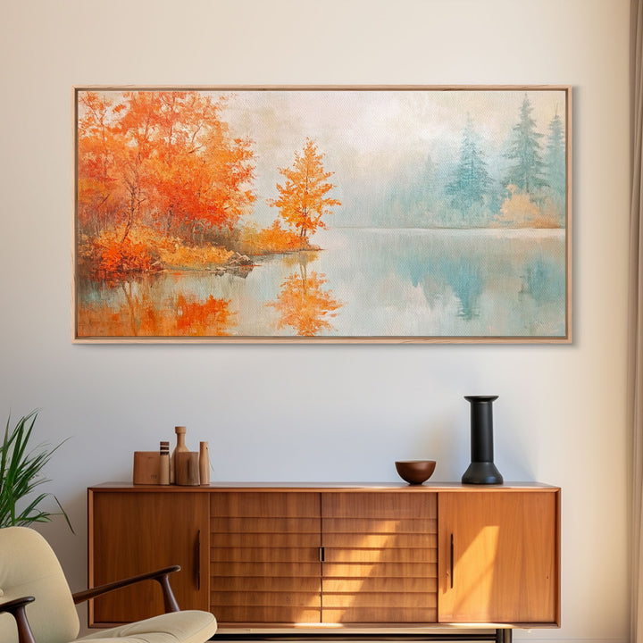 Mid-century modern living room with Christmas tree and presents Framed Canvas Print, colorful Christmas decor for stylish holiday wall art
