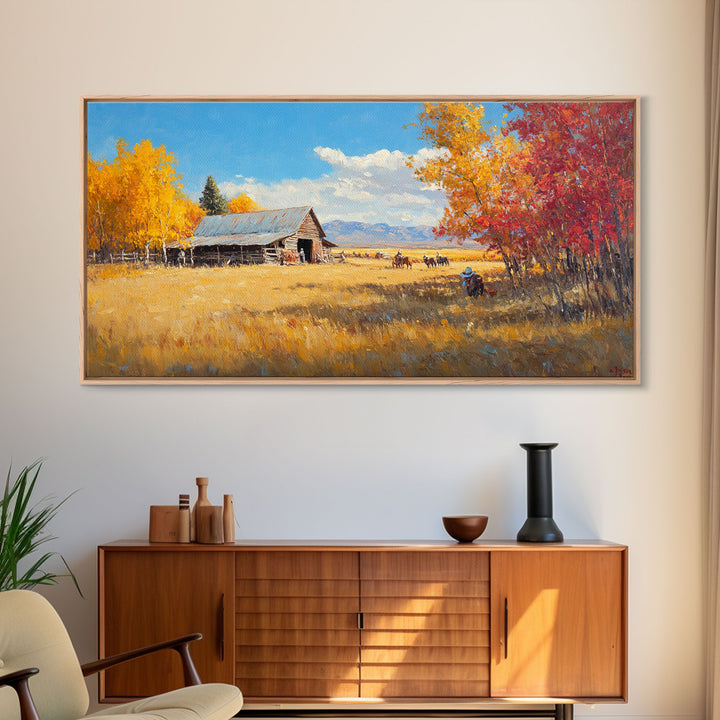 Group Of Horseback Riders In Autumn Field, Rustic Fall Scene Wall Art, Country Farmhouse Framed Canvas Print, Cozy Harvest Time Art