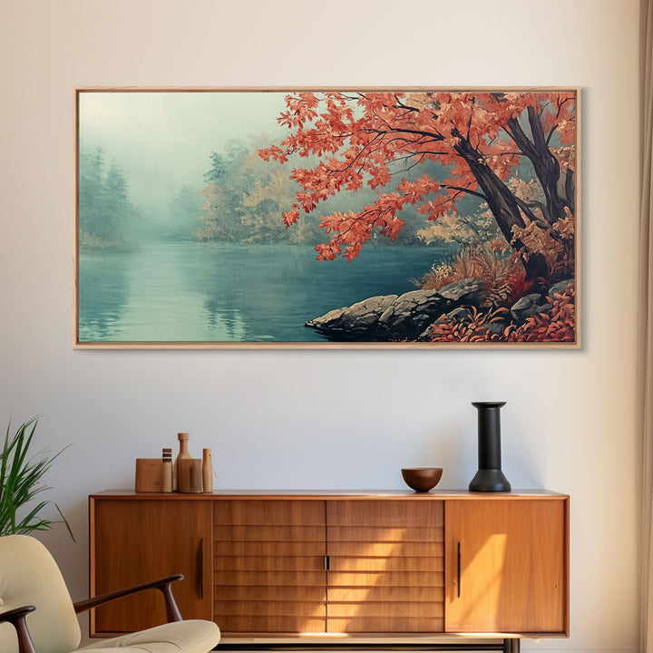 Fall On The Lake, Watercolor Landscape Painting Framed Canvas Print, retro holiday decor wall art with nostalgic vibe