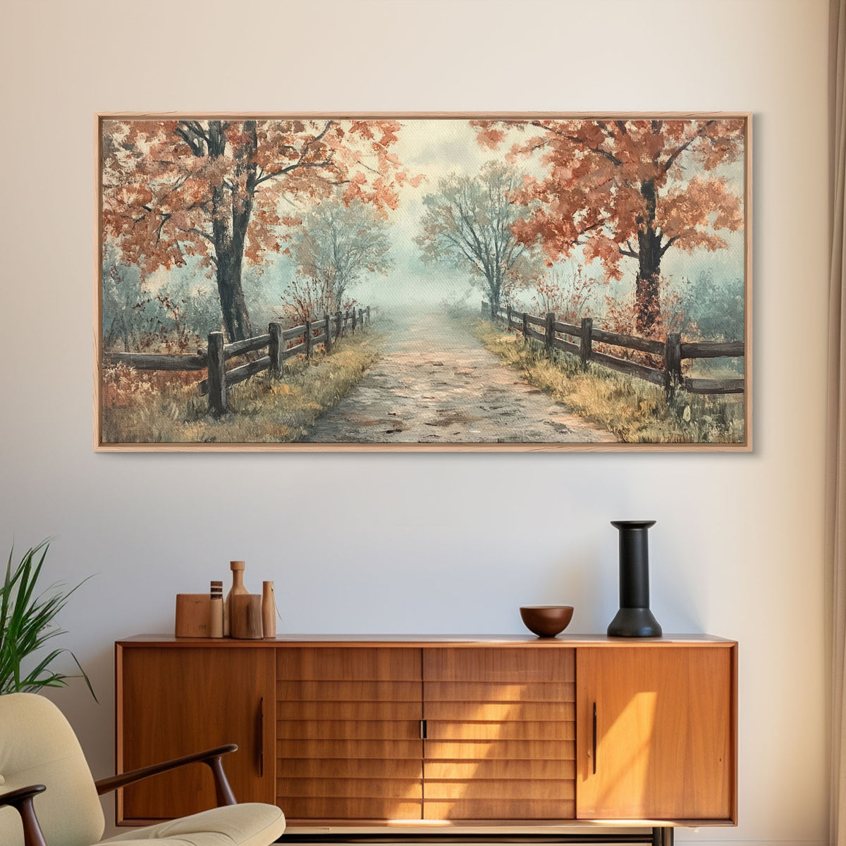 Autumn Path Framed Canvas Print, Rustic Fence and Trees Wall Art, Farmhouse Fall Home Decor, Vintage Style Wall Art, Seasonal Gift Idea