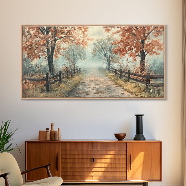 Autumn Path Framed Canvas Print, Rustic Fence and Trees Wall Art, Farmhouse Fall Home Decor, Vintage Style Wall Art, Seasonal Gift Idea