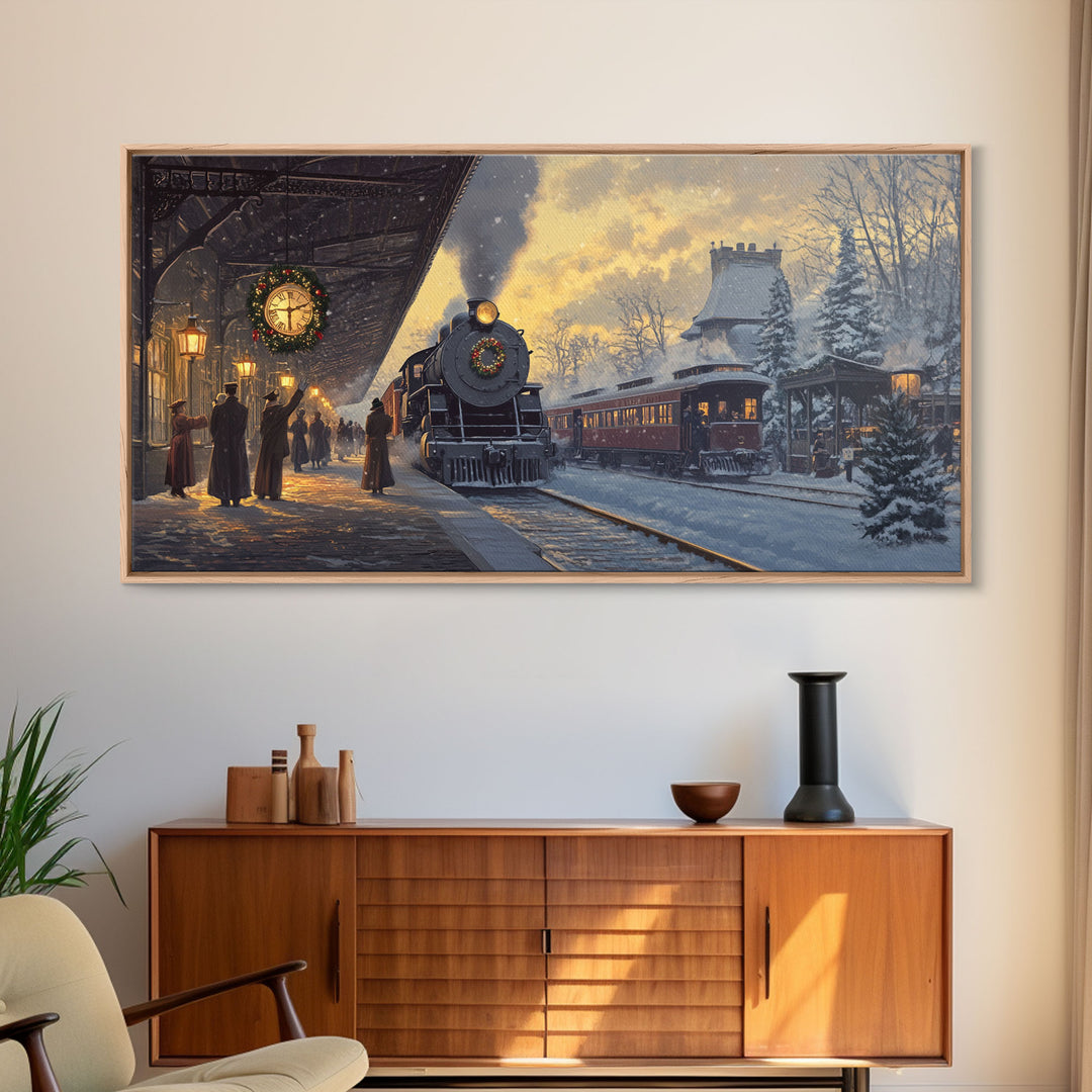 Christmas Train Station Framed Canvas Print, Snowy Train Scene Art, Vintage Christmas Decor, Holiday Wall Art, Best Christmas Gift