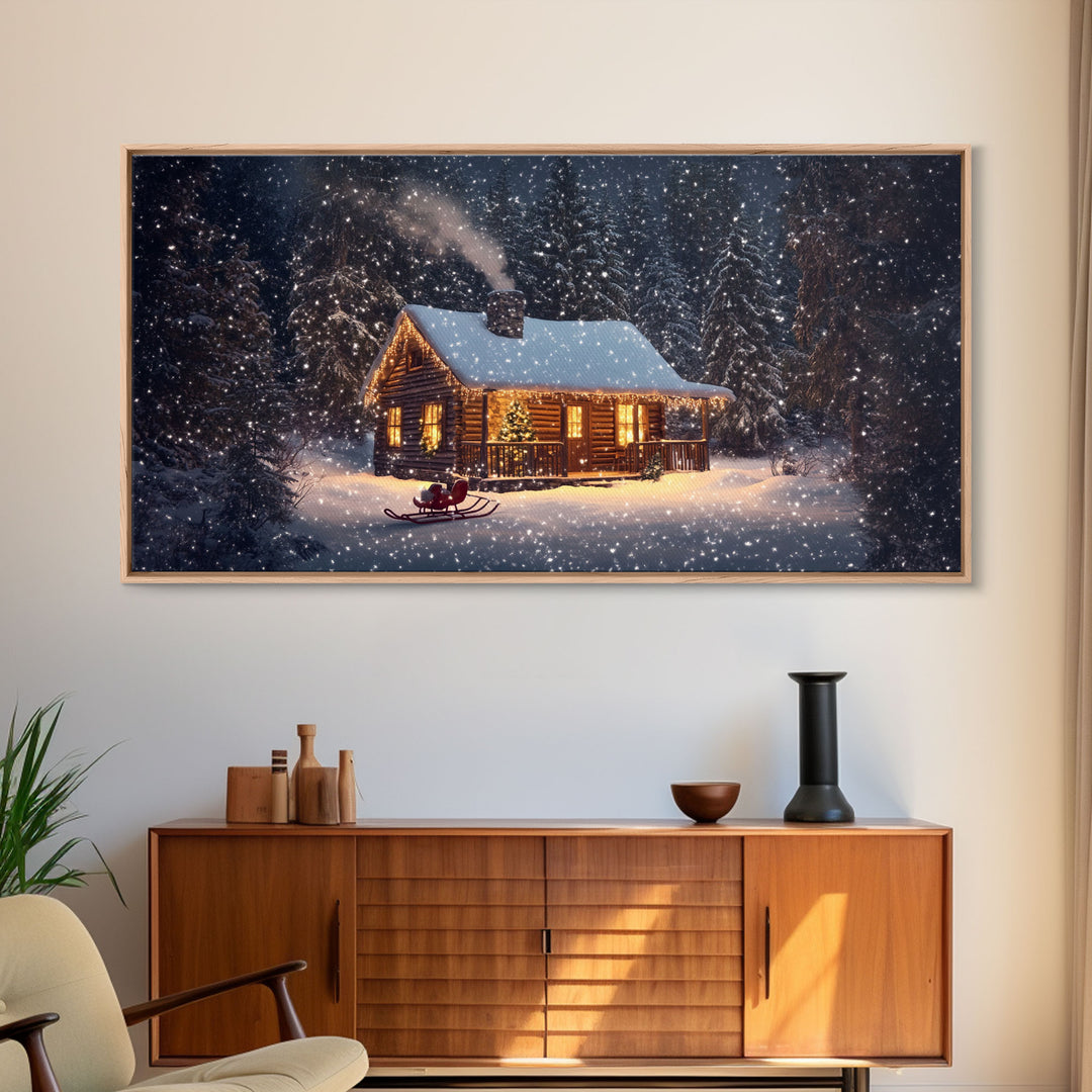 Cozy Cabin in Snow Framed Canvas Print, Winter Wonderland Scene Art, Rustic Christmas Decor, Holiday Wall Art, Seasonal Gift Idea