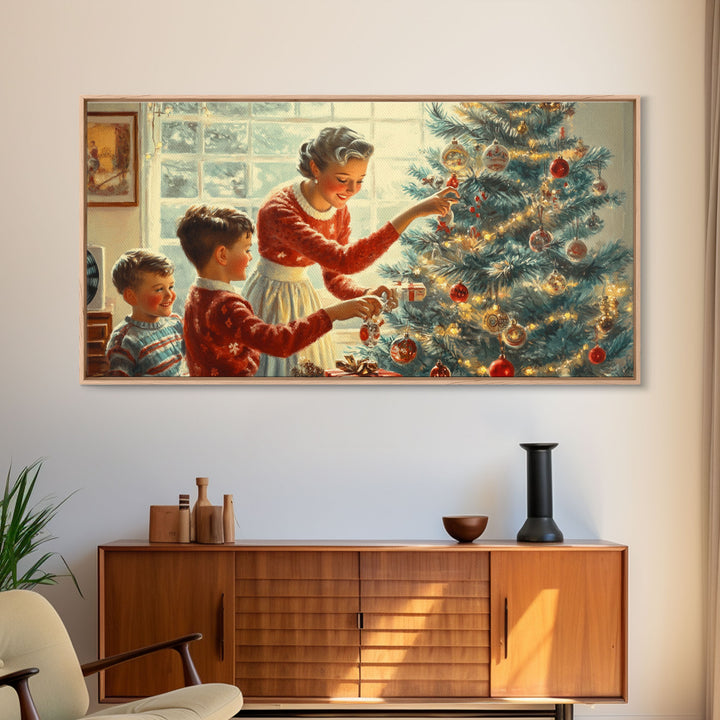 Family Decorating Tree Framed Canvas Print, Retro Christmas Scene, Vintage Holiday Decor, Christmas Tree Art, Christmas Wall Art Gift