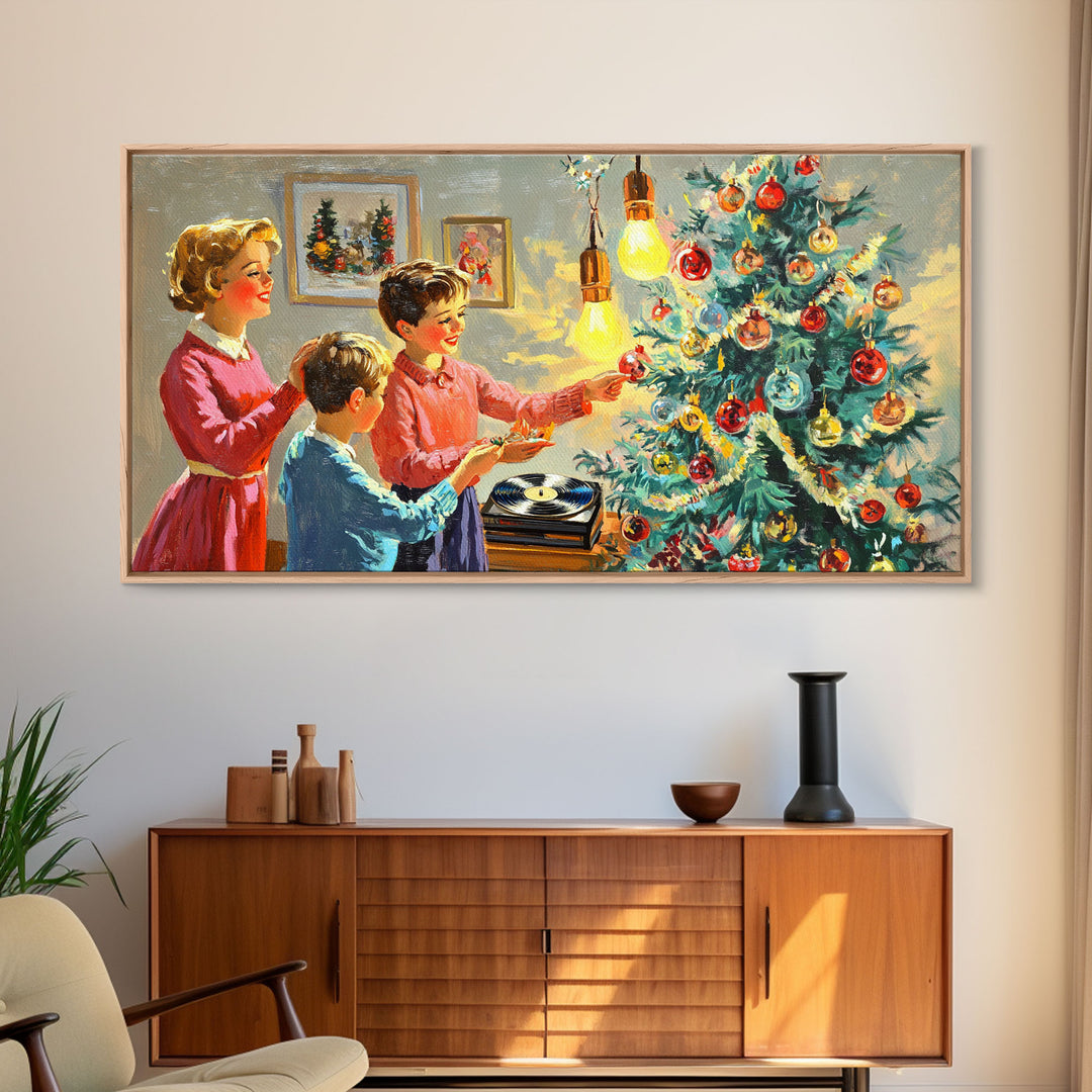 Family Christmas Decorating Framed Canvas Print, Retro Holiday Scene Art, Vintage Christmas Home Decor, Christmas Art Prints, Wall Art