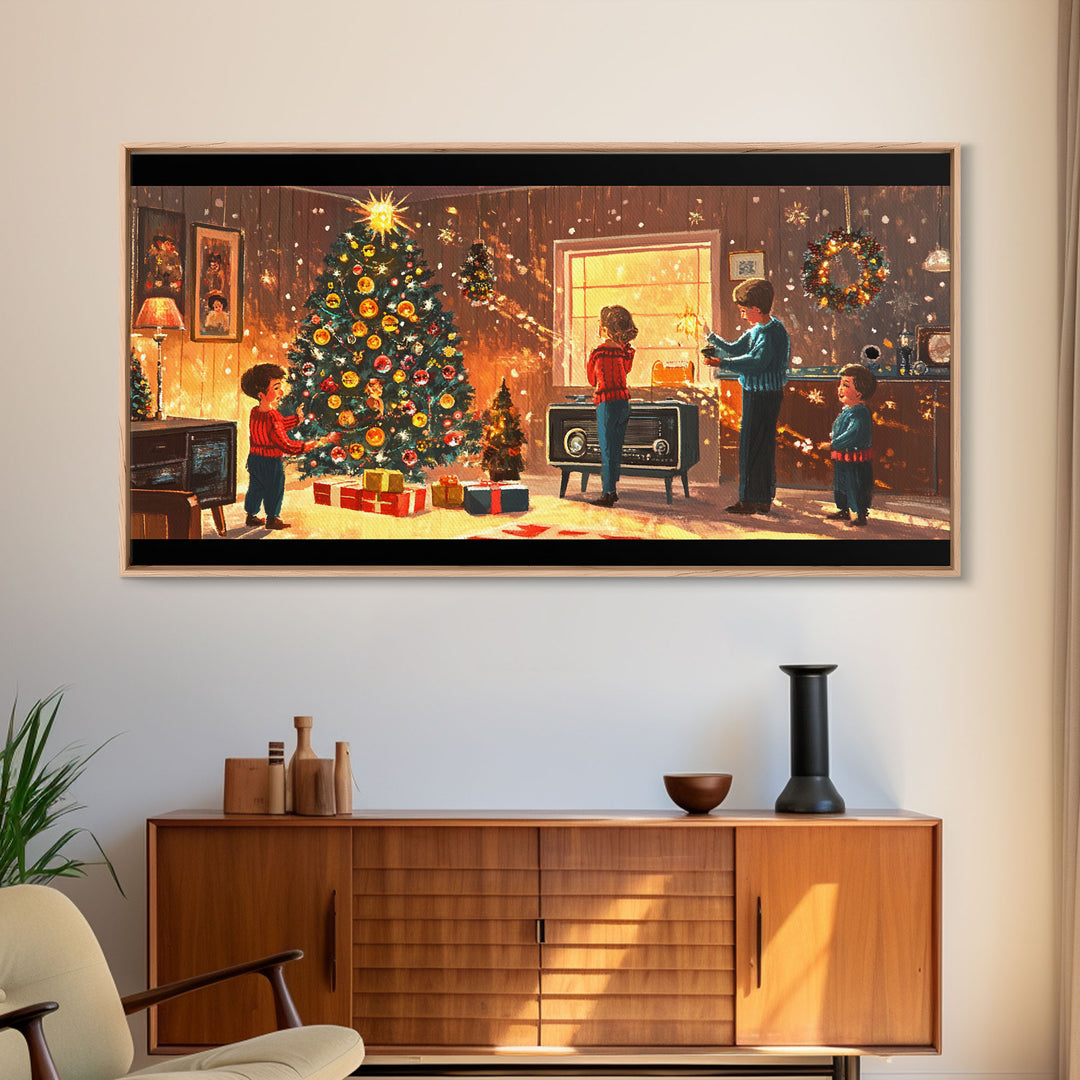 Cozy Christmas Evening Framed Canvas Print, Vintage Christmas Scene Art, Retro Holiday Home Decor, Christmas Tree Wall Art, Christmas Gift