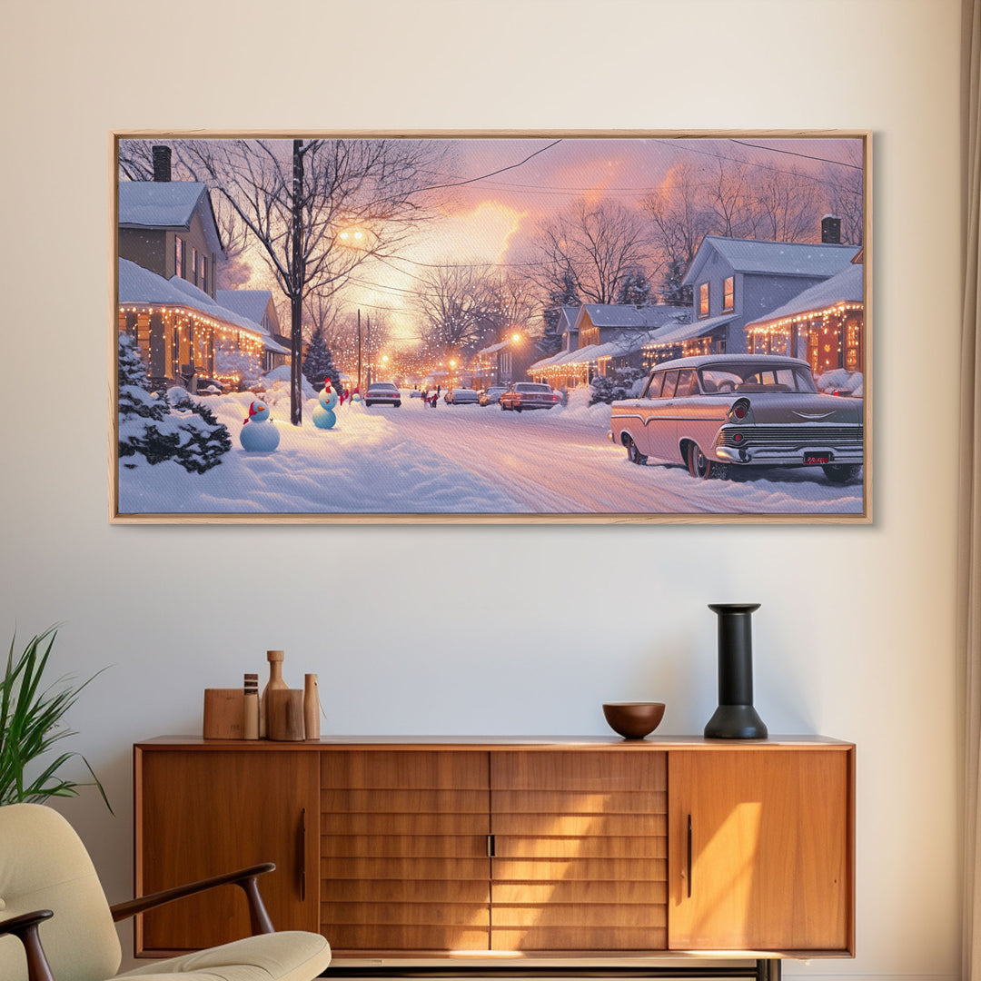 Snowy Neighborhood Evening Framed Canvas Print, Winter Wonderland Scene Art, Christmas Home Decor, Vintage Christmas Art, Holiday Wall Art
