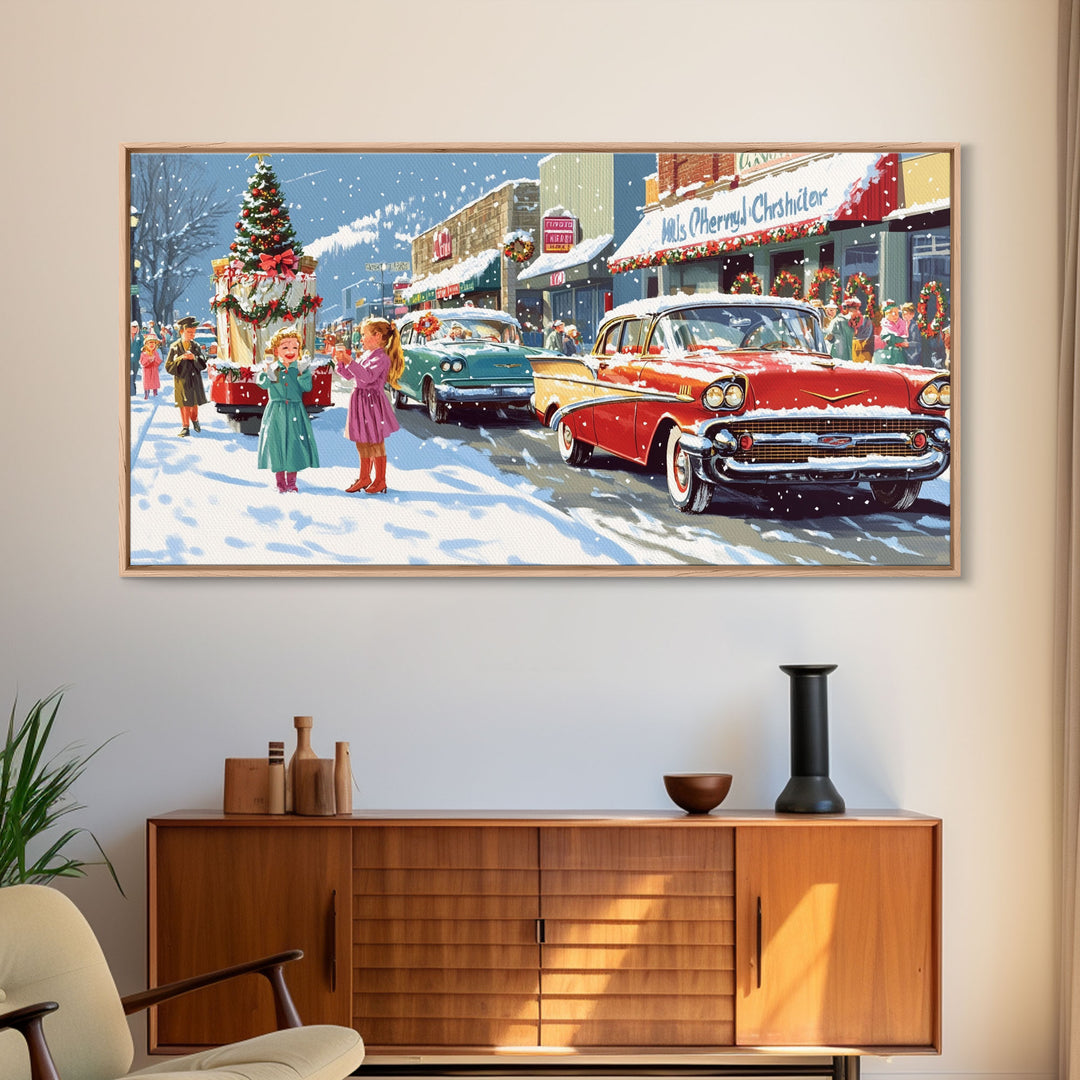 Christmas Parade Street Framed Canvas Print, Vintage Holiday Decor, Retro Christmas Scene Art, Best Gift Christmas Decor, Holiday Wall Art