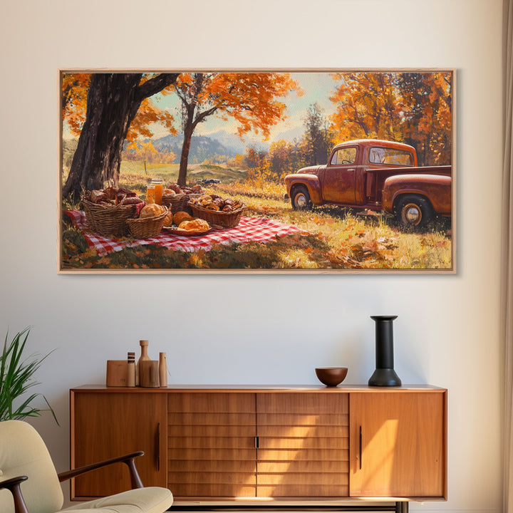 Fall Picnic Afternoon Framed Canvas Print, Rustic Farmhouse Decor, Autumn Country Landscape Art, Modern Farmhouse Wall Art, Seasonal Gift