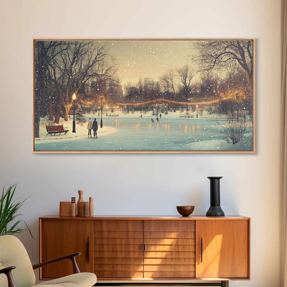 Snowy Ice Skating Framed Canvas Print, Winter Wonderland Scene Art, Vintage Christmas Decor, Christmas Vacation Art, Best Holiday Wall Art