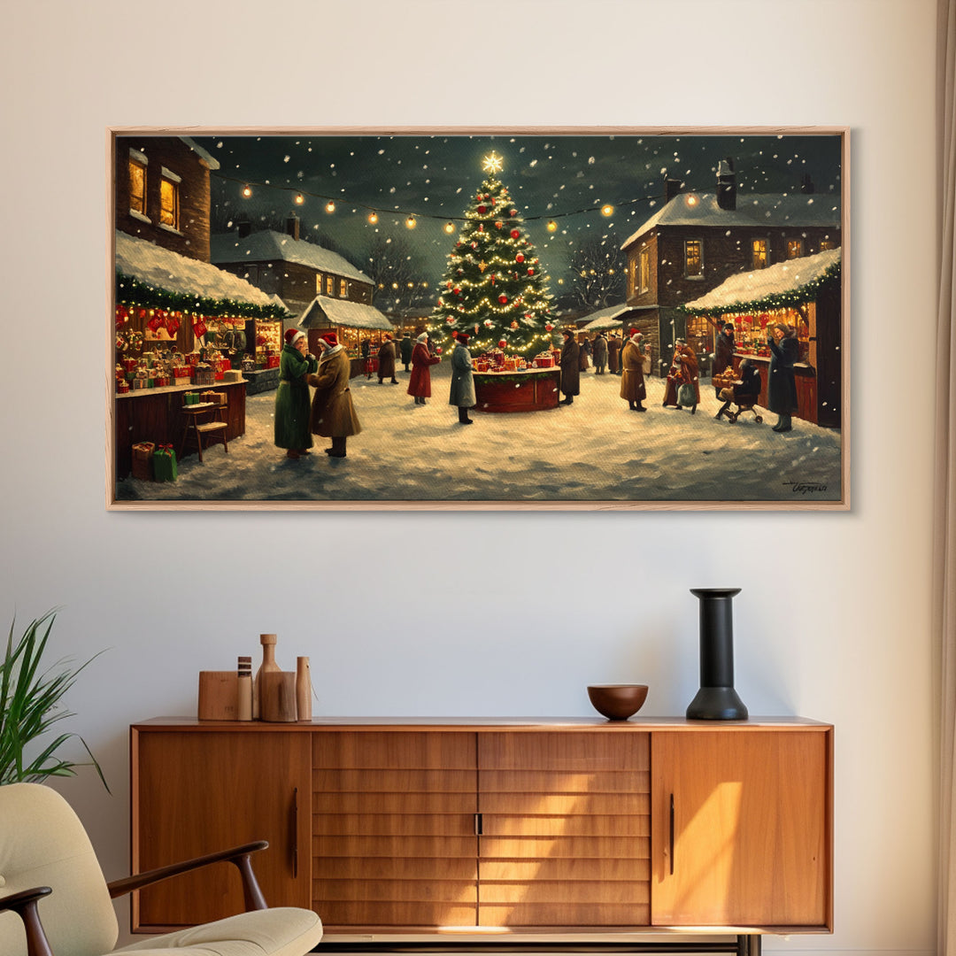 Vintage Christmas Village Market Scene Framed Canvas Print - Perfect Retro Christmas Wall Art and Vintage Christmas Home Decor 2024