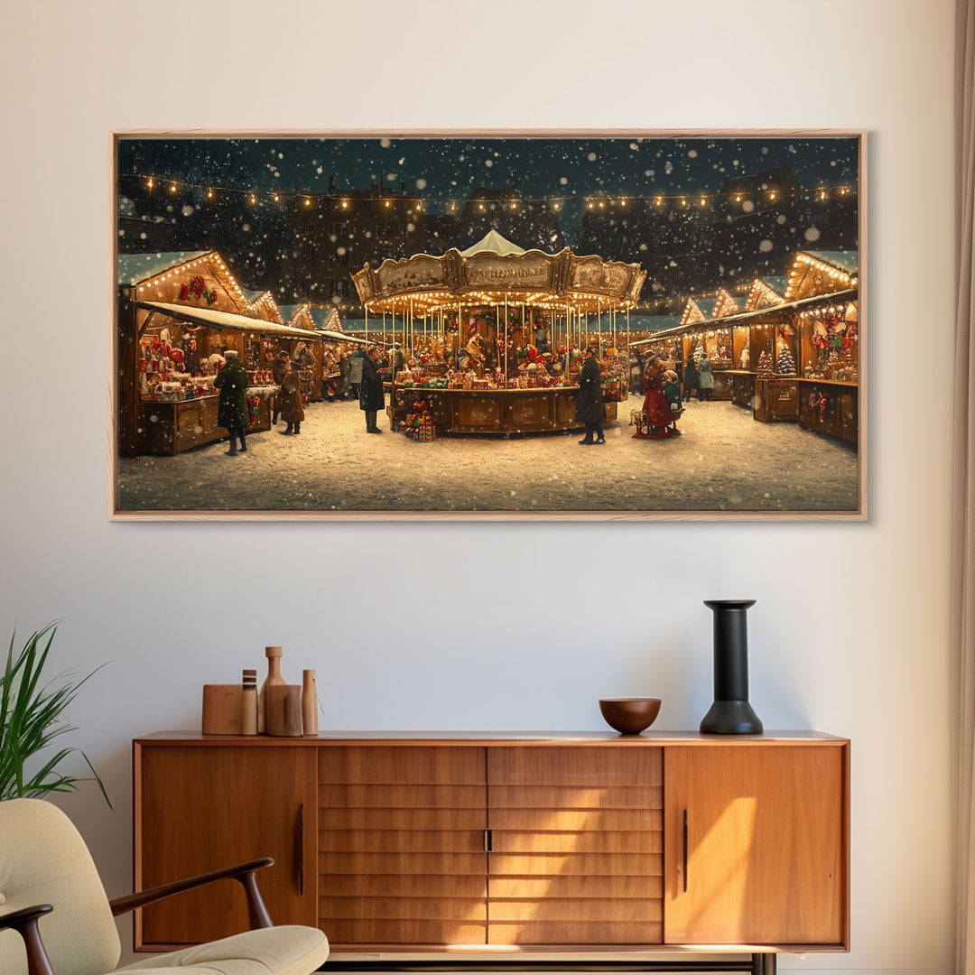 Retro Carousel Christmas Market Framed Canvas Print - Beautiful Vintage Christmas Decor and Holiday Wall Art with Christmas Scene
