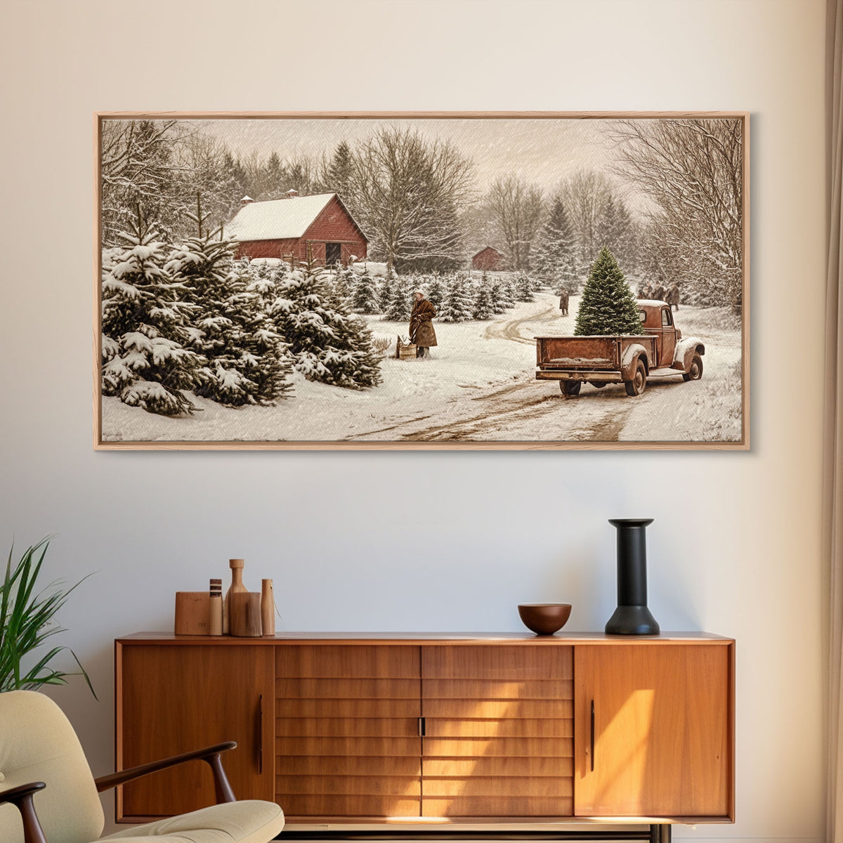 Rustic Christmas Tree Farm Framed Canvas Print - Perfect Vintage Farmhouse Christmas Decor and Winter Home Wall Art
