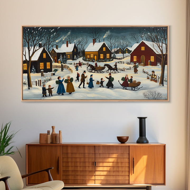 Colonial Village Christmas Scene Framed Canvas Print - Charming Christmas Wall Art and Vintage Holiday Decor 2024 Christmas Gift