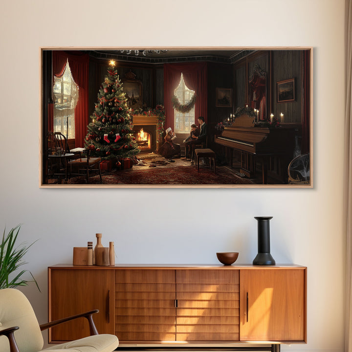 Victorian Christmas Living Room Framed Canvas Print - Elegant Christmas Decor with Vintage Holiday Charm and Indoor Wall Art