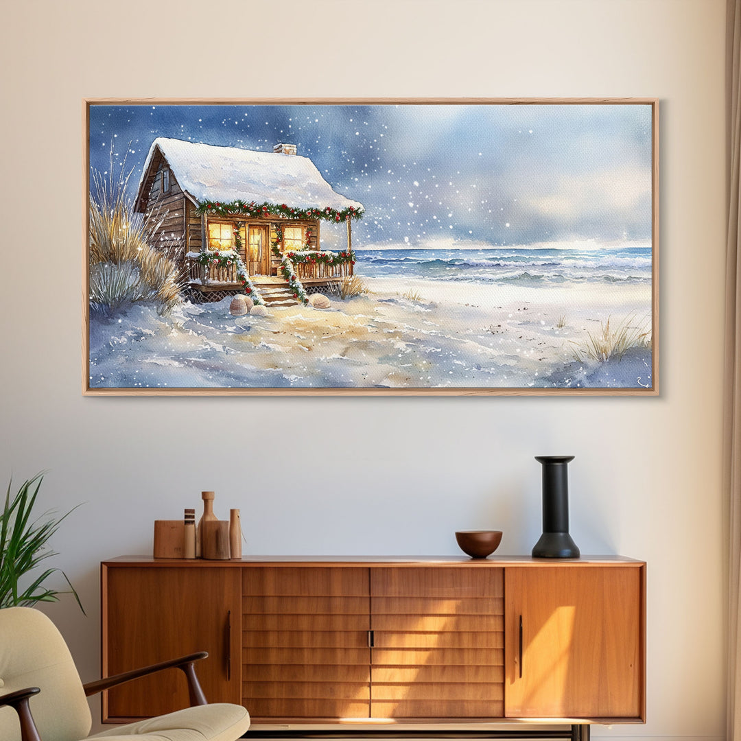 Coastal Winter Cottage Snowy Christmas Scene With Framed Canvas Print, Winter Wonderland Beach House Christmas Decor Wall Art