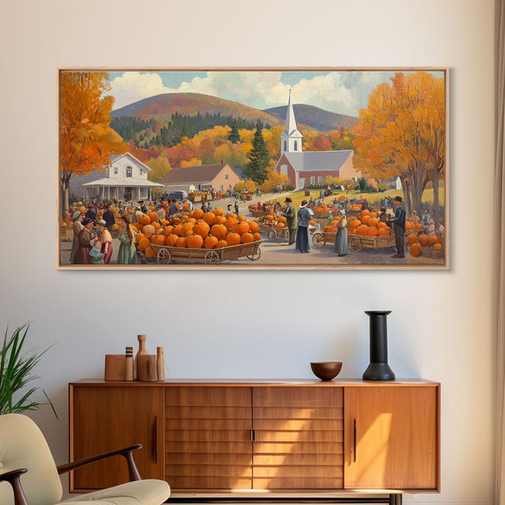 Autumn church harvest scene with pumpkins, farmhouse fall decor, canvas print, vintage fall wall art, seasonal decor