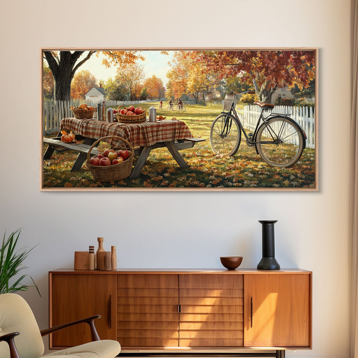 Autumn picnic with apples and plaid tablecloth, fall farmhouse decor, canvas print, country autumn art, autumn wall decor