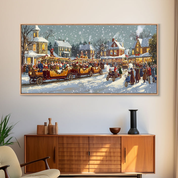 Vintage Christmas parade with decorated cars, 2024 Christmas scene art, framed canvas print, festive holiday art, Christmas wall art