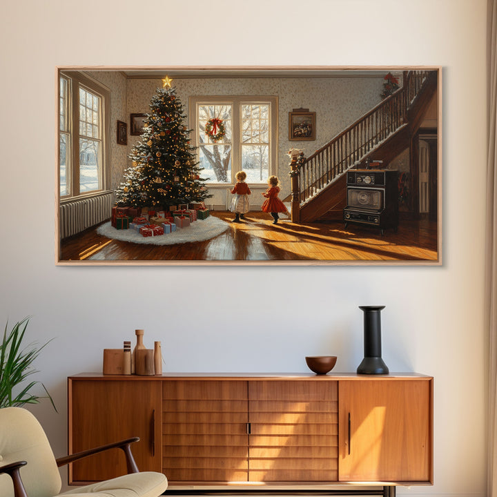 Vintage Christmas scene with children by tree, rustic Christmas home decor, framed canvas print, Christmas art prints, 2024 holiday wall art