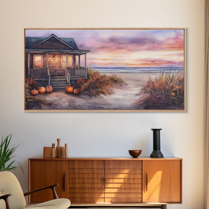 Rustic Beach Cottage Fall Scene Framed Canvas Print, Coastal Autumn Sunset Wall Art Ideal Autumn Gift, Seasonal Beach Decor