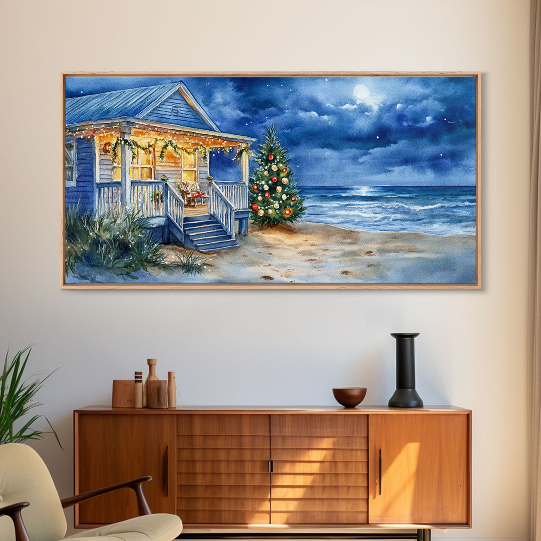 Cozy Christmas Cottage On Beach Scene With Framed Canvas Print, Winter Beach Home Christmas Tree Wall Art, Holiday Wall Decor