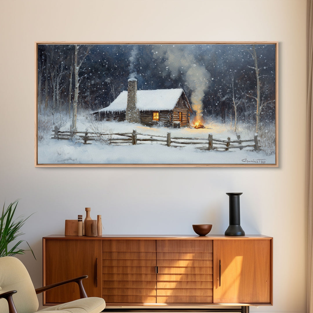 Rustic Cabin in Snow Framed Canvas Print, Cozy Winter Wonderland Art, Best Gift Idea for Christmas Wall Art, Vintage Holiday Decor