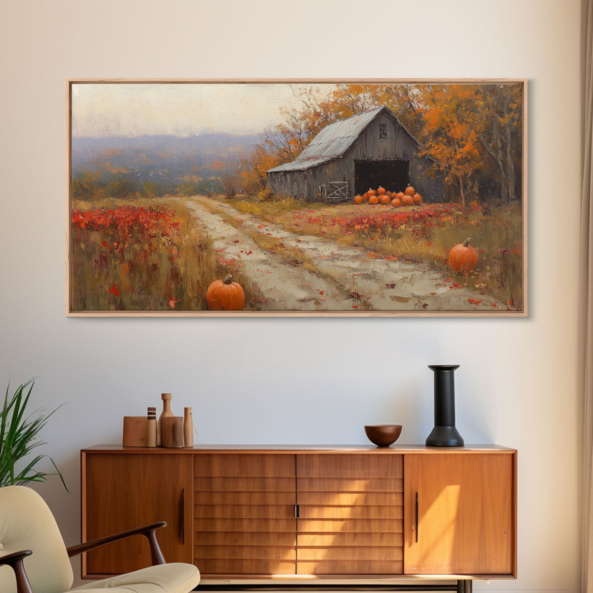 Scenic Country Farmhouse Autumn Harvest Framed Canvas Print with Pumpkins, Rustic Farmhouse Fall Art, Wall Decor, Seasonal Wall Art Gift