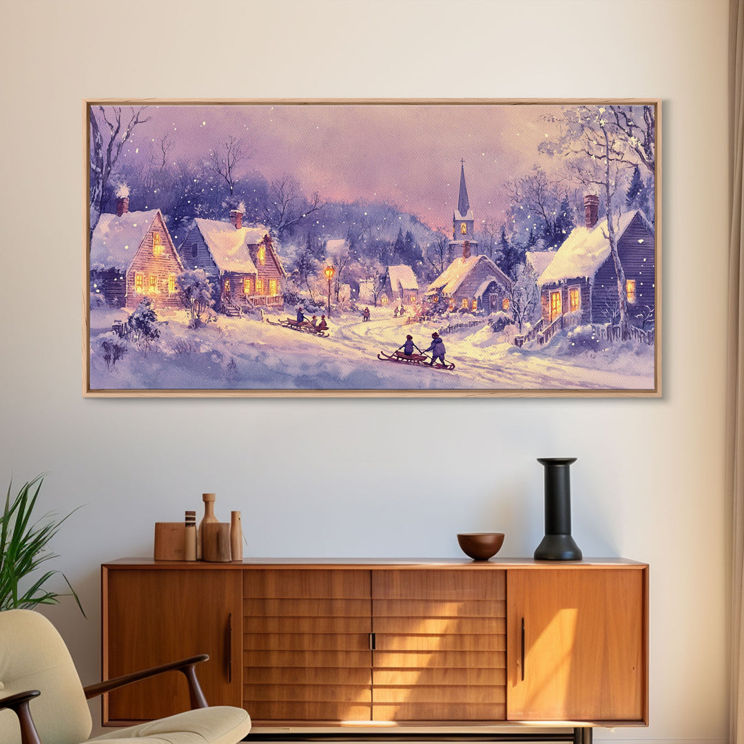 Serene Christmas Village Framed Canvas Print, Snowy Winter Landscape with Families Sledding in a Cozy Neighborhood Holiday Art