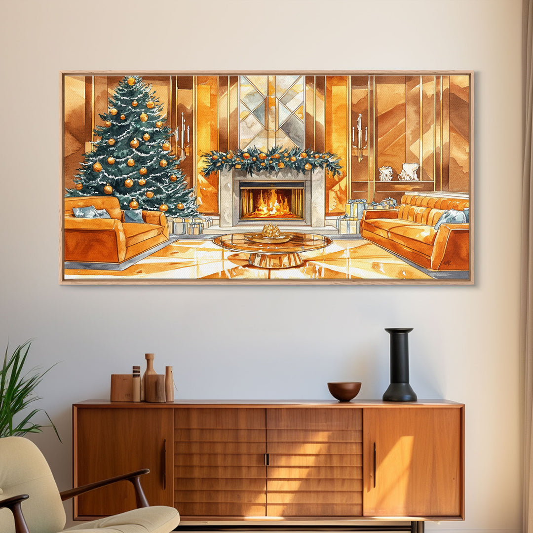 Luxurious Christmas Living Room Framed Canvas Print, Golden Holiday Decor with Christmas Tree and Fireplace Winter Wall Art