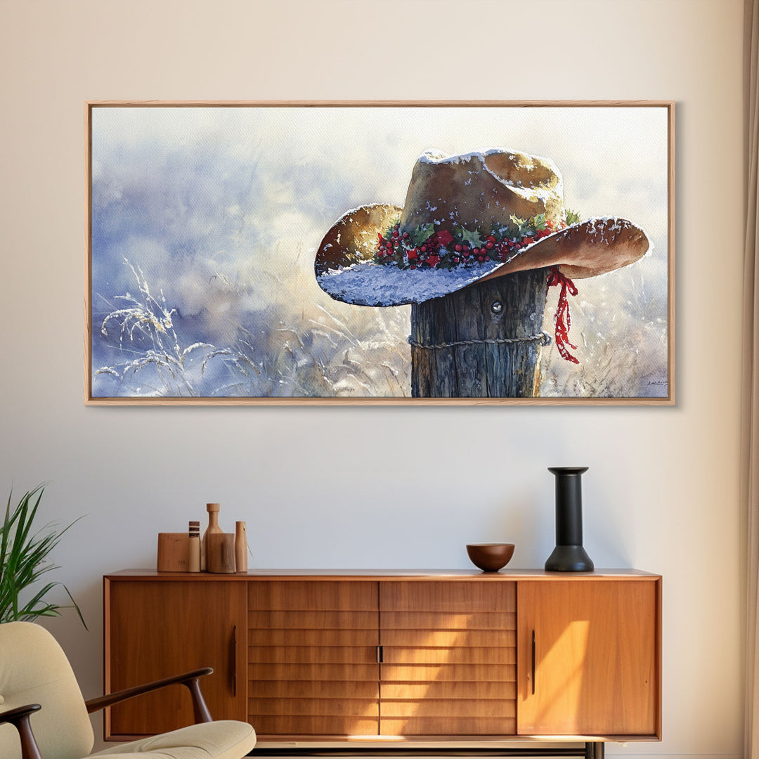 Rustic Cowboy Christmas Hat Framed Canvas Print, Snow-Covered Country Holiday Decor with Wreath on Fence Perfect Winter Art