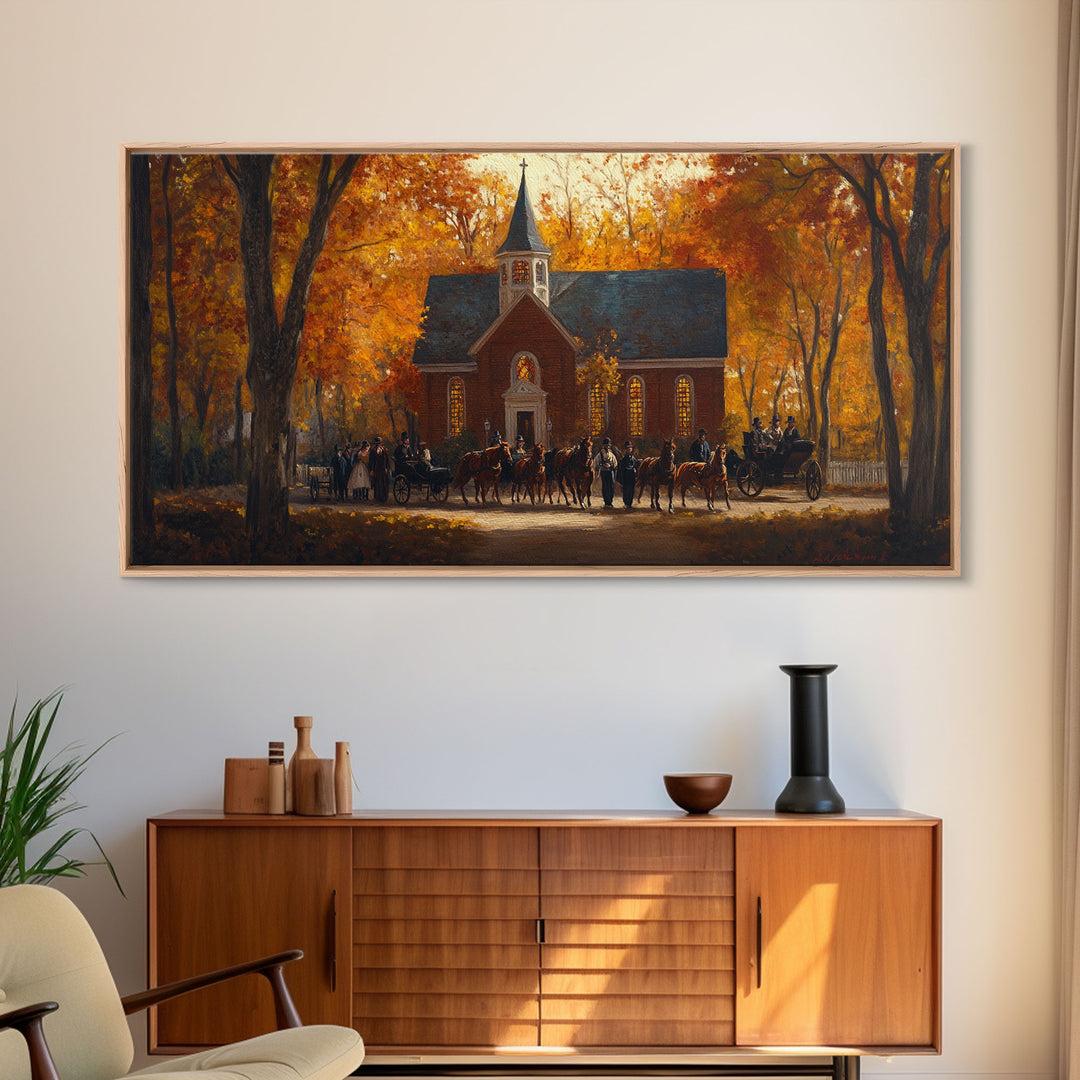 Beautiful Country Church in Autumn Scene Framed Canvas Print Fall Art, Rustic Autumn Church Scene, Vintage Wall Art Home Decor