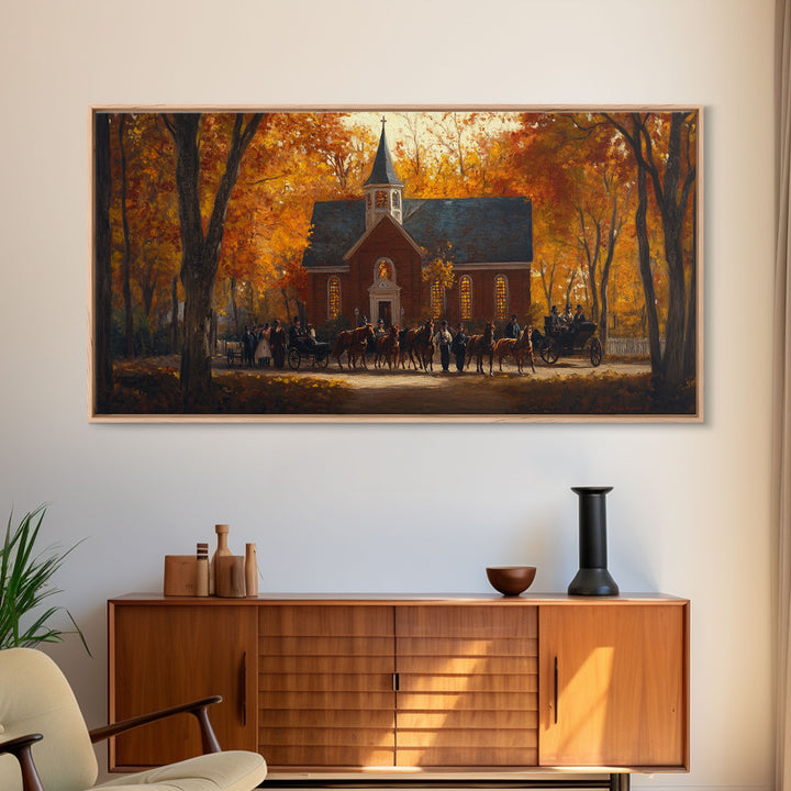 Beautiful Country Church in Autumn Scene Framed Canvas Print Fall Art, Rustic Autumn Church Scene, Vintage Wall Art Home Decor
