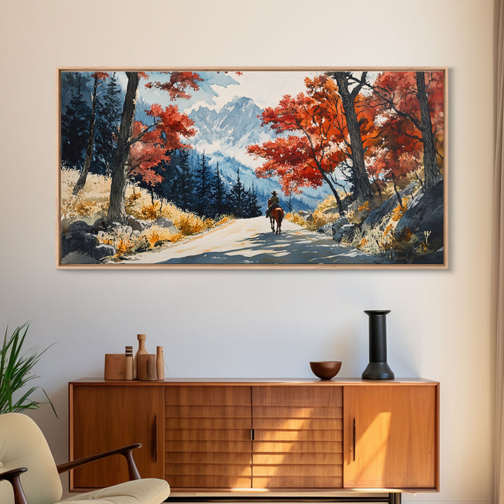 Cowboy Riding In Winter Snow Framed Canvas Print Tall Art Winter Landscape Rustic Christmas Decor Western Home Wall Art Mountain Gift Idea