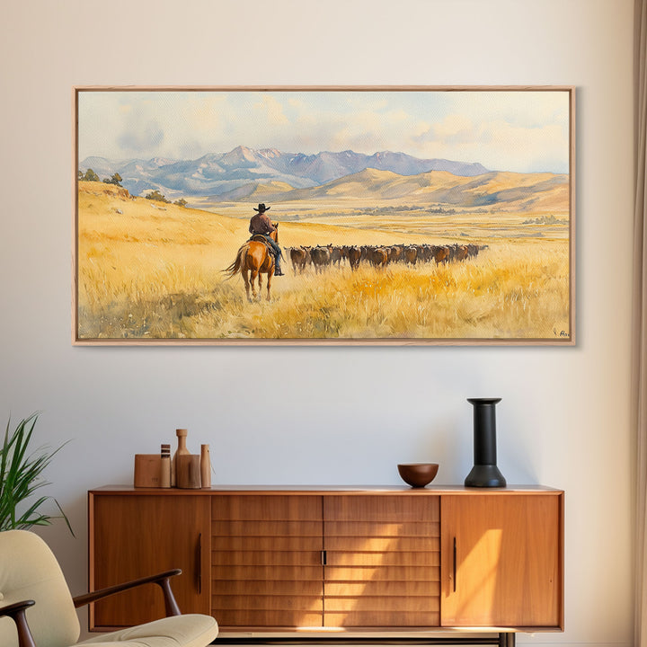 Cowboy On Snowy Path Framed Canvas Print Tall Art Winter Wonderland Western Christmas Decor Rustic Winter Wall Art Gift Cowboy Holiday Gift