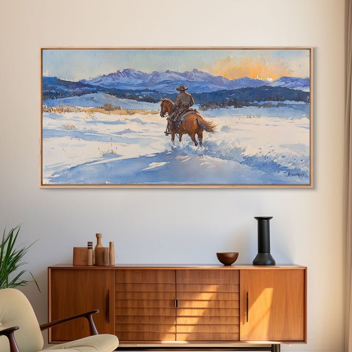 Cowboy In Golden Light Framed Canvas Print Tall Art Autumn Country Landscape Fall Decor Rustic Western Wall Art Farmhouse Decor Gift