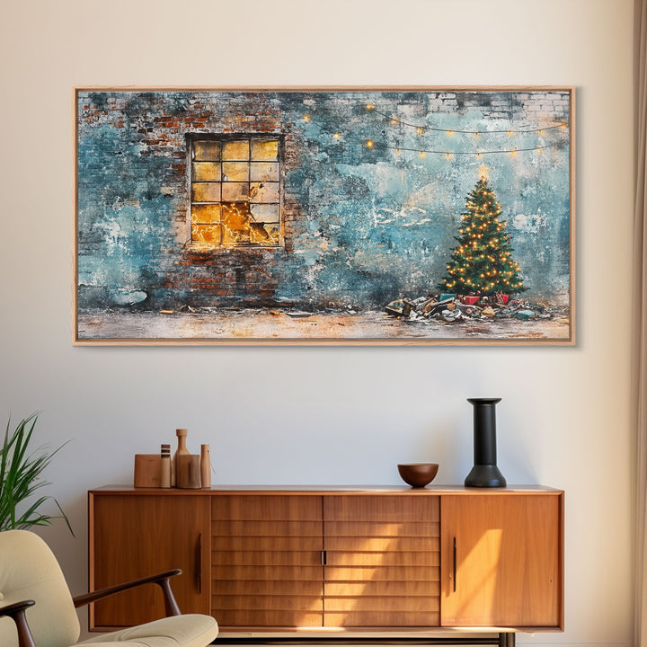Rustic urban Christmas wall art with a glowing window and decorated tree, framed canvas print perfect seasonal decor, winter holiday display