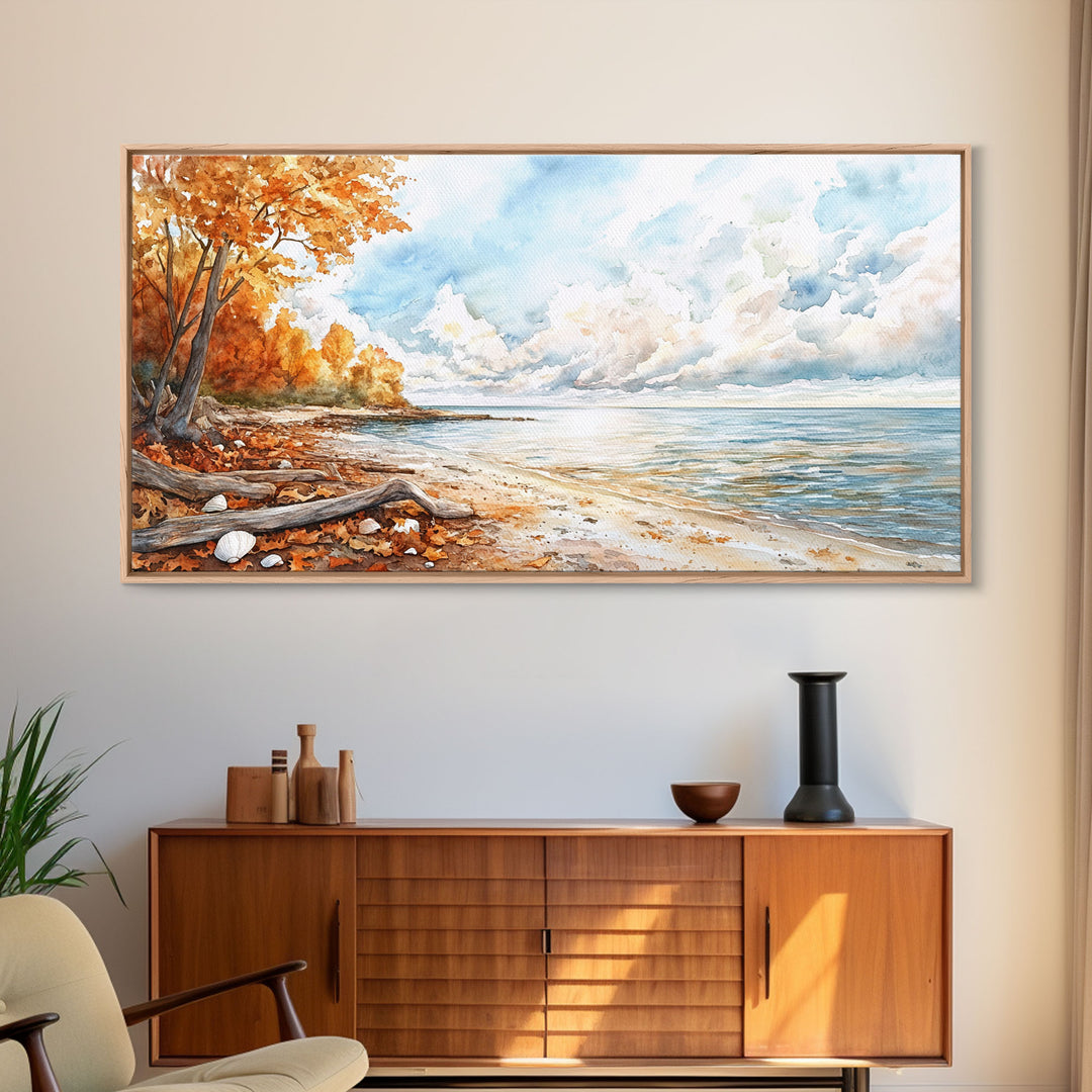 Autumn beach scene with colorful trees and calm waters, framed canvas print, perfect fall or autumn seasonal decor wall art
