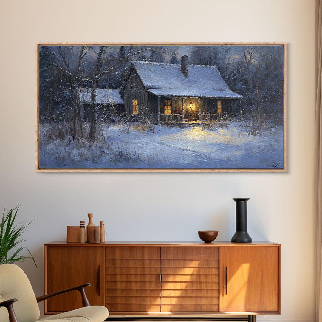 Cozy Winter Cabin Scene Framed Canvas Print with Snowy Landscape, Christmas Wall Art, Rustic Winter Scene, Vintage Seasonal Wall Decor
